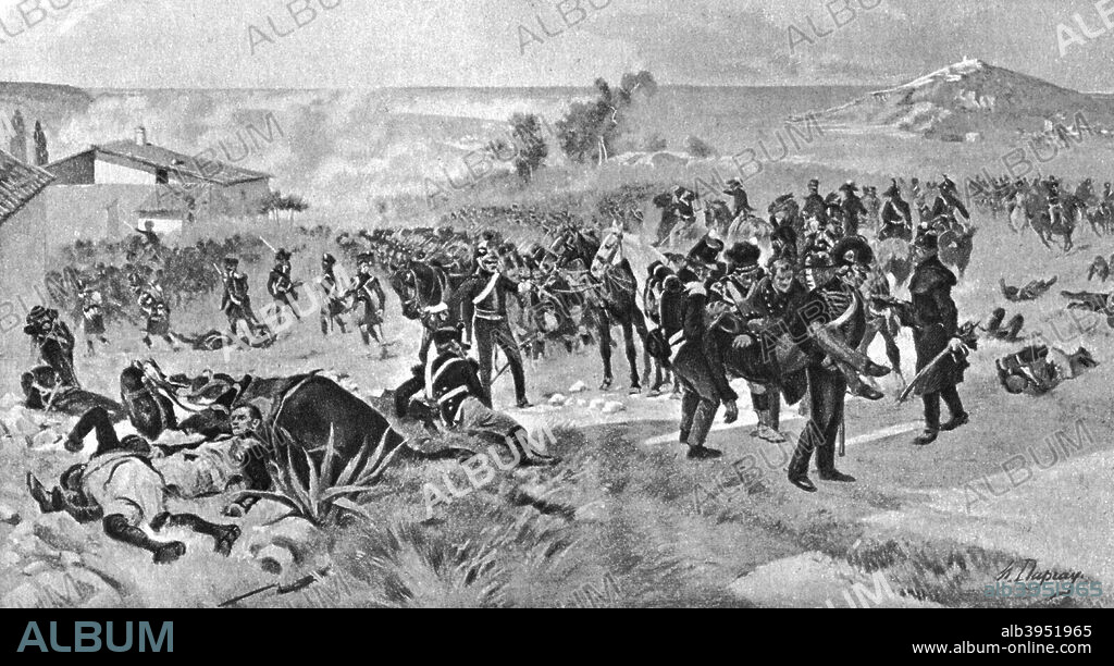 The Battle of Corunna, 16 January 1809, (1910). The battle, fought at La Coruna in northern Spain, was part of the Peninsular War. Retreating from a much larger French army, the British under General Sir John Moore were able to hold the French off long enough to be evacuated by sea. Moore was mortally wounded in the battle.