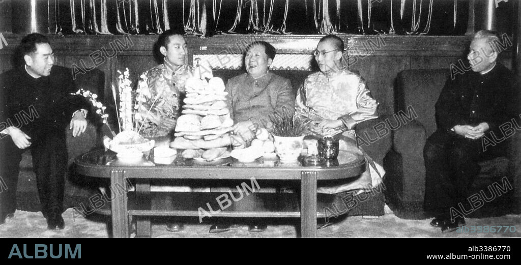 Mao Zedong, Chinese, Communist Party Chairman (centre), Liu Shao qi (President of China) (right), Zhou Enlai (Prime Minister of China) (left) meet with the Dalai Lama and the Panchen Lama, 1955.