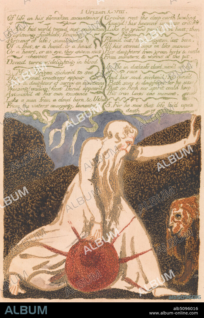 The First Book of Urizen, Plate 20, 'Of life forsaken mountains .' (Bentley 23), Print made by William Blake, 17571827, British, 1794, Color-printed relief etching in orange-brown with watercolor on moderately thick, slightly textured, cream wove paper, Sheet: 11 7/8 x 9 5/8 inches (30.2 x 24.4 cm) and Plate: 5 7/8 x 4 inches (14.9 x 10.2 cm), beard, fire, flames, globe, lantern, light, lion, literary theme, men, mountains, text.
