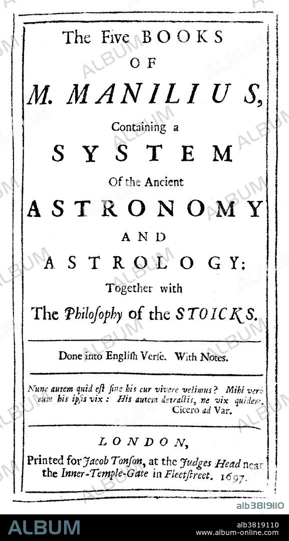 The Astronomica, also known as the Astronomicon, is a Latin hexameter didactic poem written by Manilius during the reign of Caesar Augustus or Tiberius. The five-book work describes celestial phenomena, explaining the zodiac and astrology. The poem espouses a Stoic, deterministic understanding of a universe overseen by a god and governed by reason. The astrological systems of houses, linking human affairs with the circuit of the zodiac, have evolved over the centuries, but they make their first appearance in Astronomica. Marcus Manilius (1st century AD) was a Roman poet and astrologer. The author of Astronomica is neither quoted nor mentioned by any ancient writer. Even his name is uncertain, but it was probably Marcus Manilius; in the earlier books the author is anonymous, the later give Manilius, Manlius, Mallius.