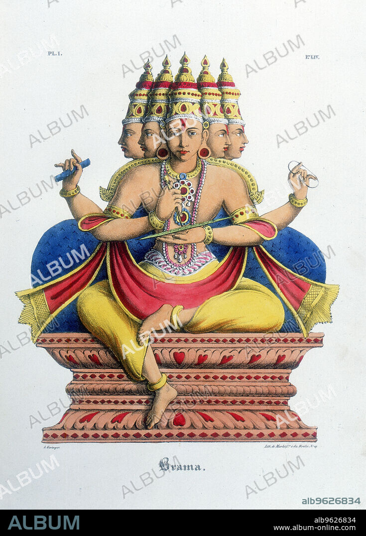A GERINGER. Brahma, first god of the Hindu trinity (trimurti), and creator of the universe, c19th century. From L'Inde Francaise.
