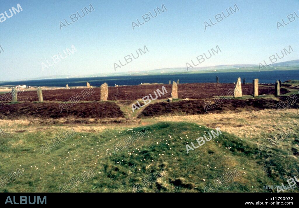 Ring of Brodgar Stone Circle and Henge , Orkney. A magnificent circle of upright stones with an enclosing ditch spanned by causeways, dating to late Neolithic period. Part of The Heart of Neolithic Orkney World Heritage Site .