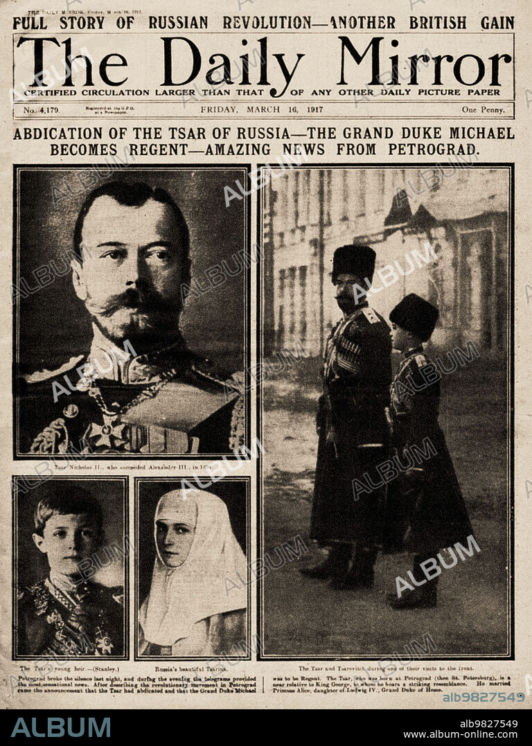 HISTORIC OBJECT. The Daily Mirror Front Page from March 16th, 1917: Abdication of the Tsar of Russia - Russian Revolution.