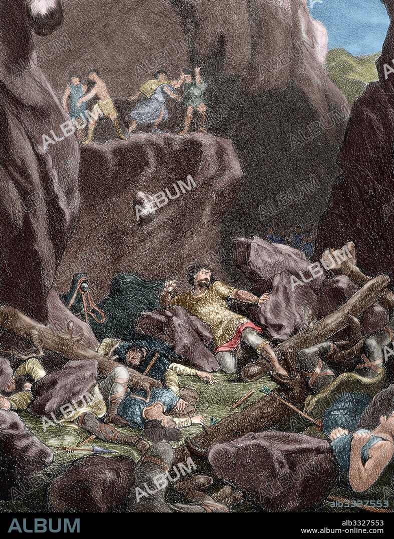 Charlemagne campaign in the Iberian Peninsula. The Battle of Roncevaux Pass in 778. Death of Frankish military leader Roland and his men, killed by rebellious Basques in August 15, 778. Engraving. "Historia de Espan_a", 19th century. Colored.