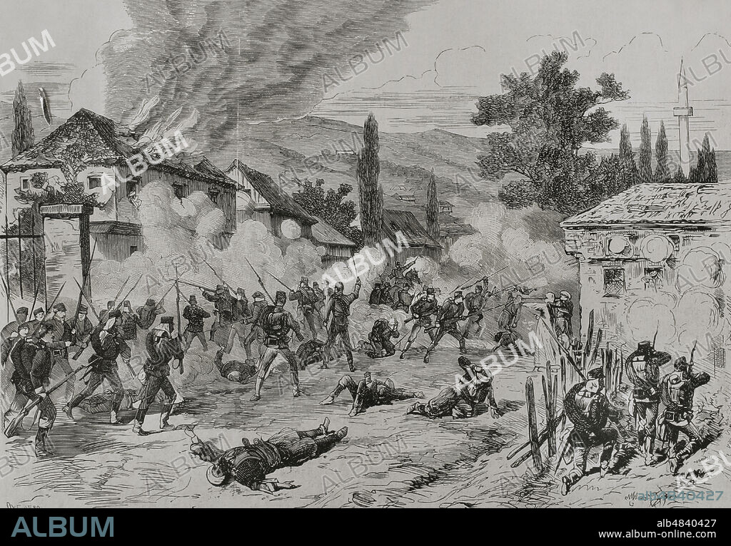 ANDRéS OVEJERO. 19TH CENTURY SPANISH ENGRAVER.. Campaña austrohúngara de ocupación de Bosnia y Herzegovina (29 de julio al 20 de octubre de 1878). Insurrección de Bosnia. Sarajevo, 19 de agosto de 1878. Combate en las calles entre las tropas austrohúngaras y los insurrectos. Episodio ocurrido en la calle principal, donde también tomaron parte en la lucha las mujeres y los insurgentes heridos. Grabado por Ovejero. La Ilustración Española y Americana, 1878.