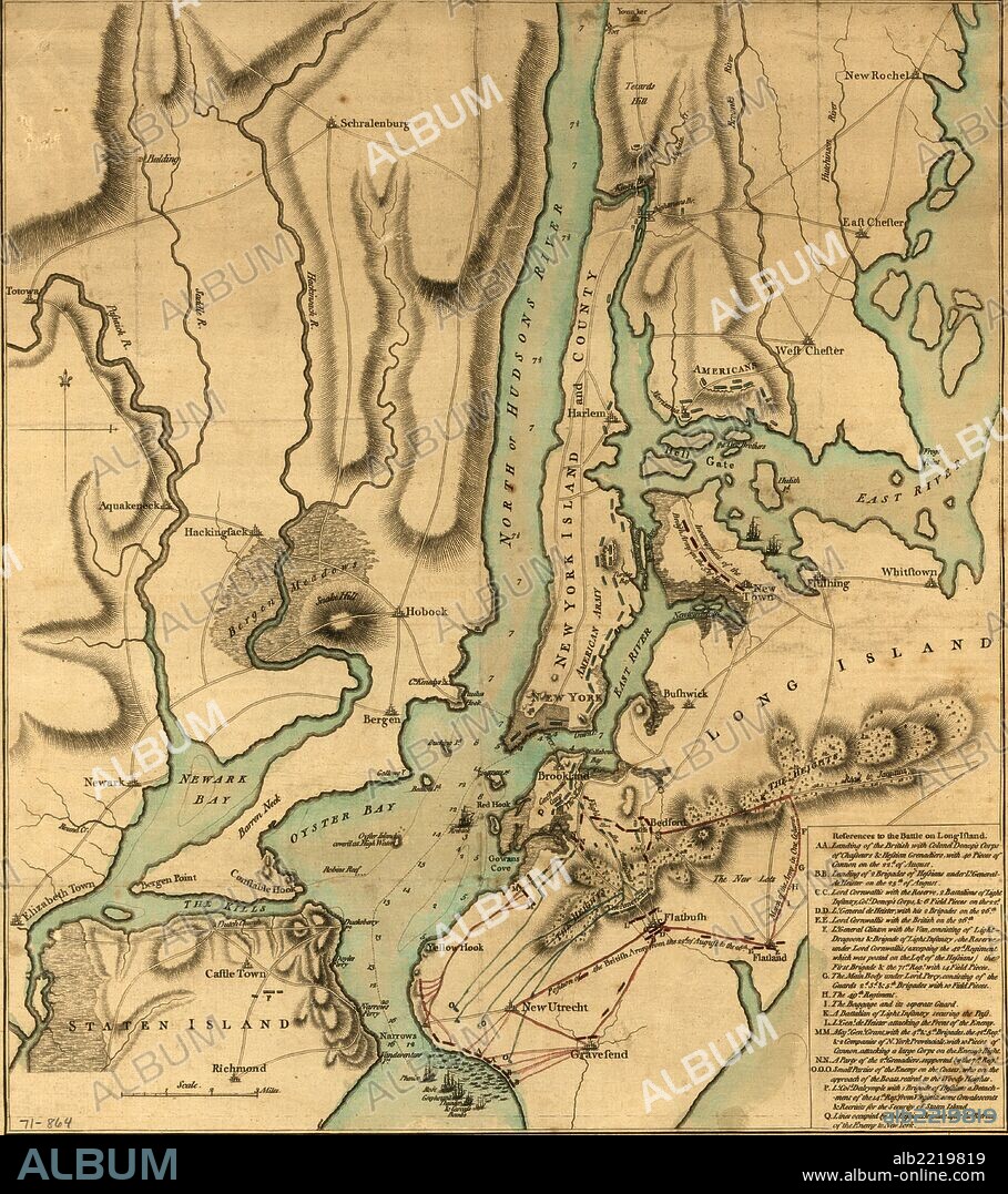 The Battle of Long Island, also known as the Battle of Brooklyn or the Battle of Brooklyn Heights, fought on August 27, 1776, was the first major battle in the American Revolutionary War following the United States Declaration of Independence, the largest battle of the entire conflict, and the first battle in which an army of the United States engaged, having declared itself a nation only the month before. New York Island, with part of Long Island, Staten Island & east New Jersey, with a particular description of the engagement on the woody heights of Long Island, between Flatbush and Brooklyn, on the 27th of August 1776 between His Majesty's forces commanded by General Howe and the Americans under Major General Putnam, with the subsequent disposition of both armies.