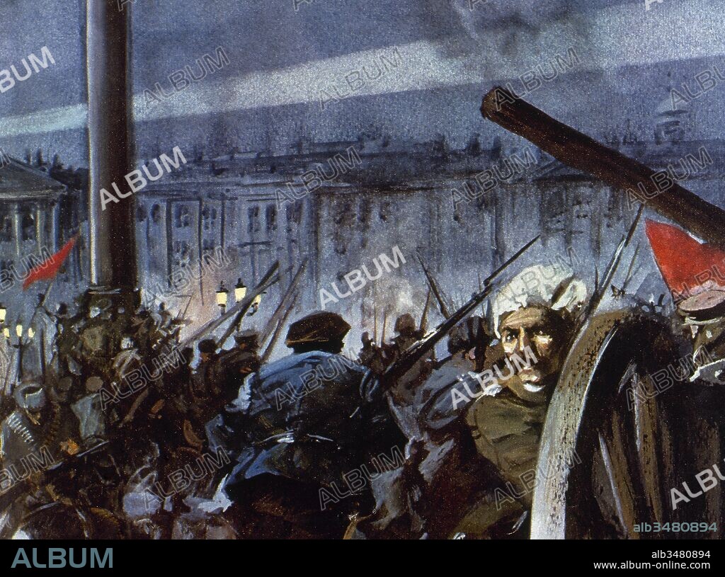 Revolución de Octubre, año 1917. Toma del Palacio de Invierno en San Petersburgo (Petrogrado), Rusia. Ilustración.