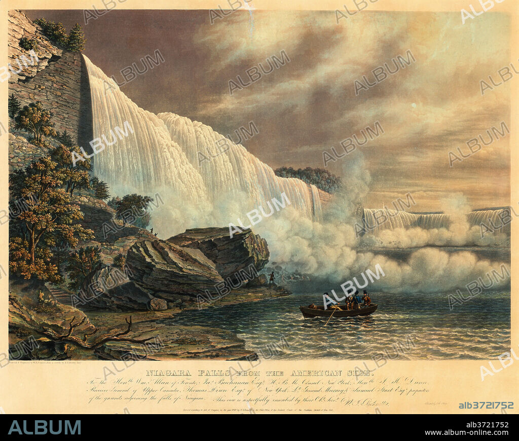 WILLIAM JAMES BENNETT AFTER JOHN ROBERT MURRAY. Niagara Falls from the American Side. Dated: published 1840. Dimensions: sheet (trimmed within plate mark): 51.8 x 64.8 cm (20 3/8 x 25 1/2 in.). Medium: hand-colored aquatint with touches of engraving.