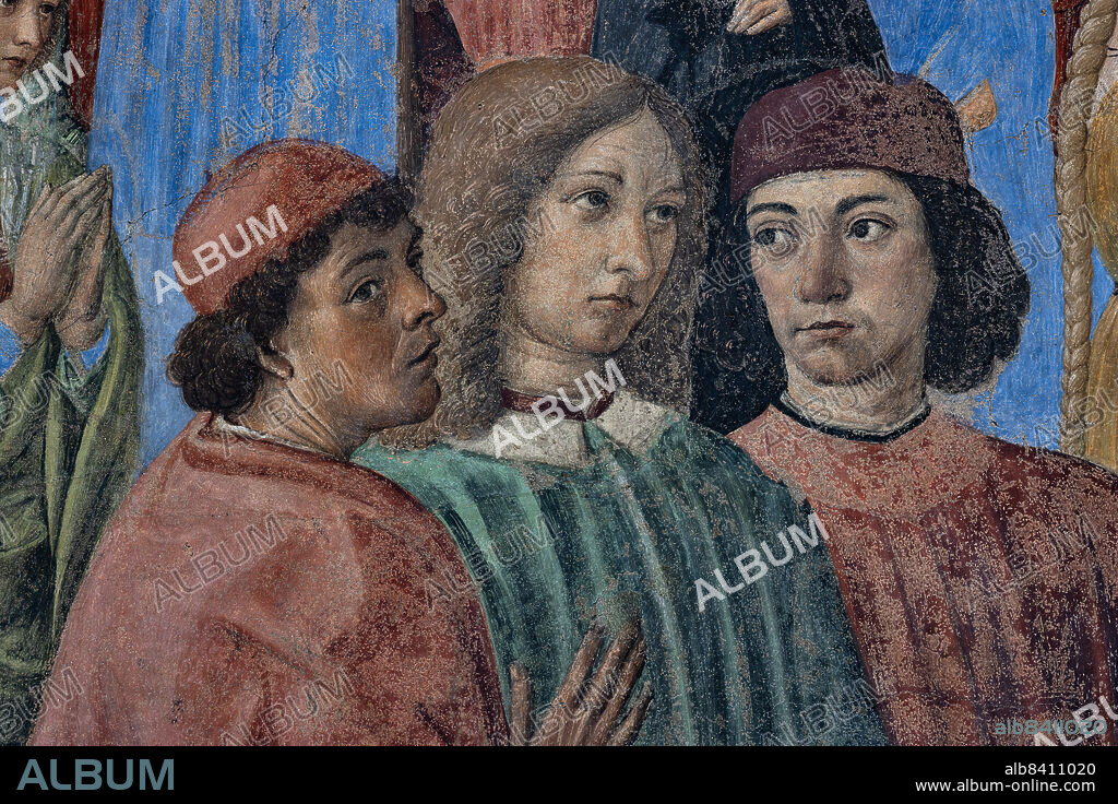 The Group of Neoplatonic Humanists (from the left, Marsilio Ficino, Giovanni Pico della Mirandola and Agnolo Poliziano): detail of the Miracle of the Sacrament, fresco by Cosimo Rosselli (1484- 1488). Florence, Church of St. Ambrose.