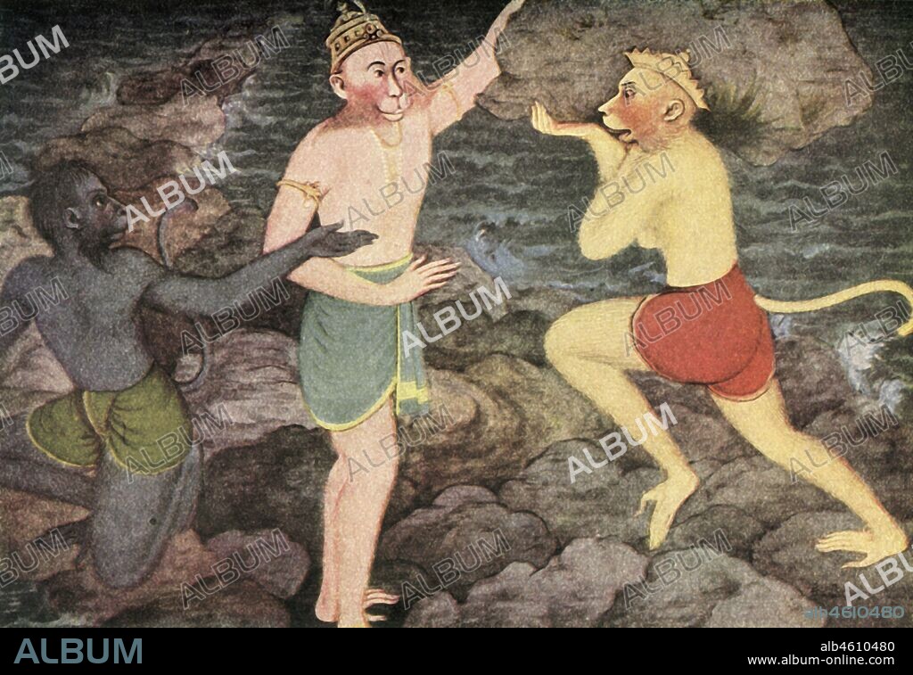 'Building of Rama's Bridge', 1920. In the Hindu epic Ramayana, Nala the vanara, is credited as engineer of the Rama Setu, a bridge across the ocean between Rameswaram (India) and Lanka, (Sri Lanka). From "Myths of the Hindus & Buddhists", by The Sister Nivedita and Ananda K. Coomaraswamy. [George G. Harrap & Company Ltd, London, 1920].