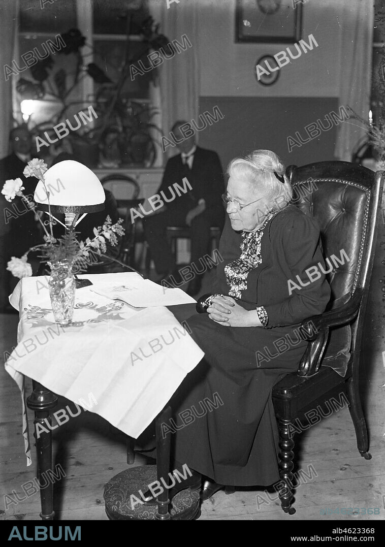 Selma Lagerlof, Swedish author and teacher, on her 80th Birthday, Stockholm, Sweden, 1938. She was the first female writer to win the Nobel Prize in Literature, which she was awarded in 1909.