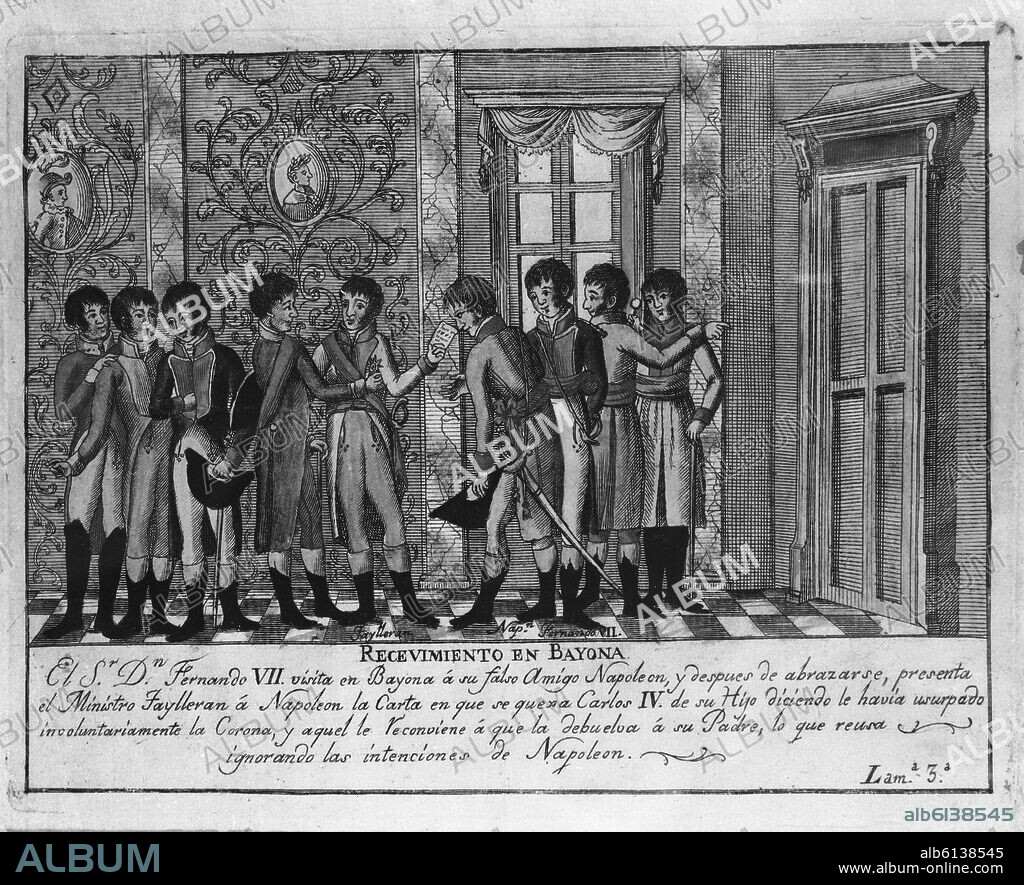 ABDICACIONES DE BAYONA - ENCUENTRO DE FERNANDO VII Y NAPOLEON - GRABADO DEL SIGLO XIX - (EN COLOR Nº 129602).