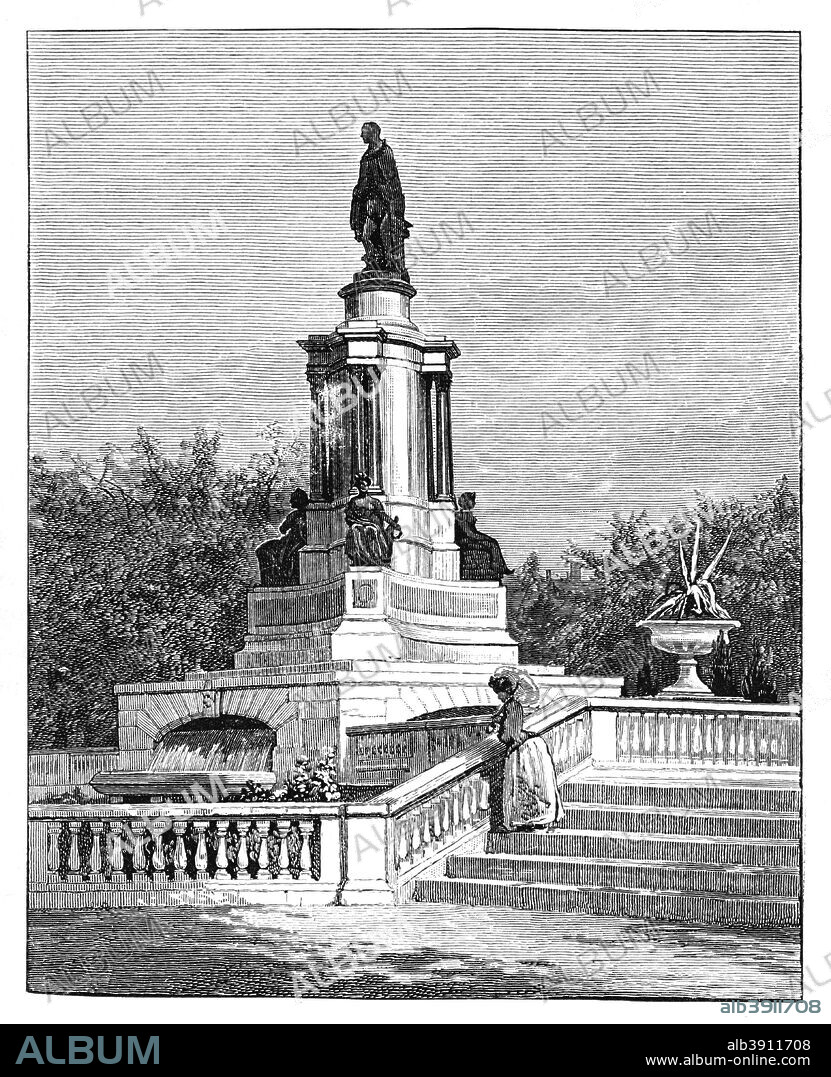 Statue of Prince Albert, Memorial of the Great Exhibition, Royal Horticultural Society's Gardens. South Kensington, London, late 19th century. The statue, designed by Joseph Durham, was unveiled in 1863. It was made to commemorate Prince Albert's (1819-1861) Great Exhibition of 1851. Originally sited in the gardens of the Royal Horticultural Society, it was later moved to its present location at the Albert Hall. Illustration from The Life & Times of Queen Victoria, by Robert Wilson, Vol III.