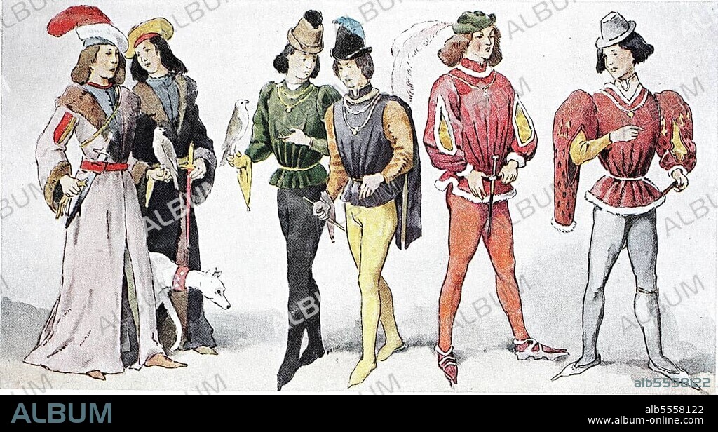 Kleidung, der ersten Hälfte des 15. Jahrhunderts, französische Gesellschaft, adlige Jugend der Falknerei, digital verbesserte Reproduktion eer Illustration aus dem 19. Jahrhundert, Mode in Frankreich.