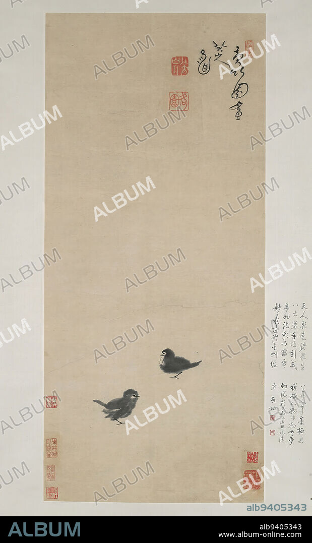 Two Chicks, c. 1694, Zhu Da, Chinese, 1626-1705, 35 1/16 x 15 3/4 in. (89.06 x 40.01 cm) (image), Ink on paper, China, 17th-18th century, Zhu Da, also known as Bada Shanren, often expressed complex ideas using simple images. It is likely that these quickly rendered chicks express the artist's loyalty to the former Ming dynasty, while indicating his contempt for the ruling Manchus. Zhu Da saw himself as being in, but not part of, the society around him. With his imperial lineage eradicated by the conquering Manchus, he was unable to submit to the foreign rulers.