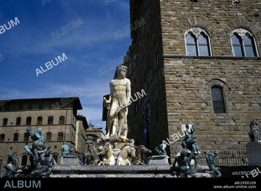 Italy. Florence. Fountain of Neptune, 1565. By Bartolomeo Ammannati (1511-1592). Signoria Square.