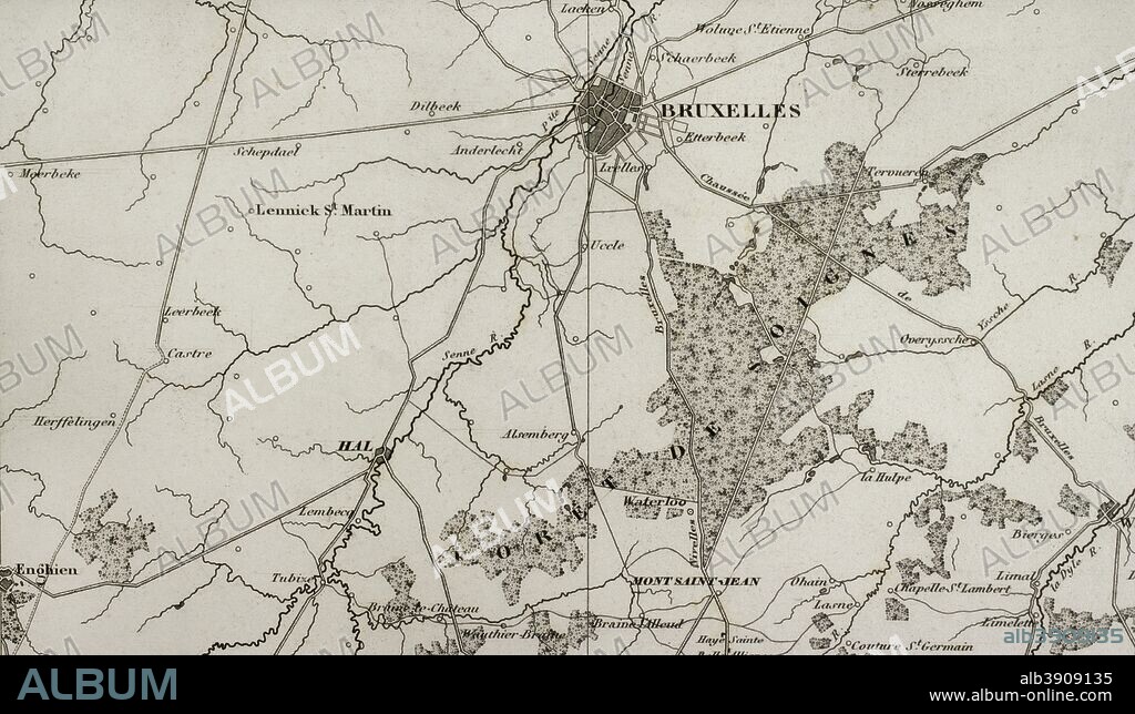 Napoleonic map.Territory of the current Belgian cities of Charleroi, Namur and Brussels. Atlas de l'Histoire du Consulat et de l'Empire. History of the Consulate and the Empire of France under Napoleon by Marie Joseph Louis Adolphe Thiers (1797-1877). Drawings by Dufour, engravings by Dyonnet. Edited in Paris, 1864.