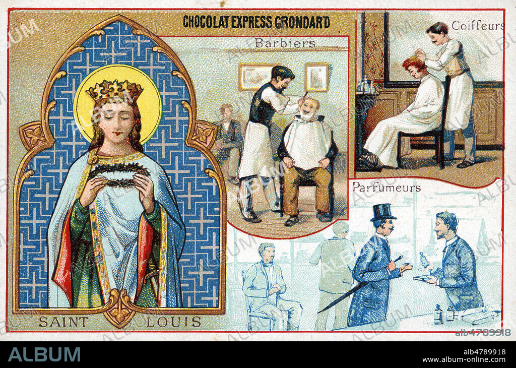 St Louis, saint patron des barbiers, coiffeurs et parfumeurs. Chromo vers 1910, serie sur les Saints. Illustration anonyme. Credit : Collection IM/KHARBINE-TAPABOR.