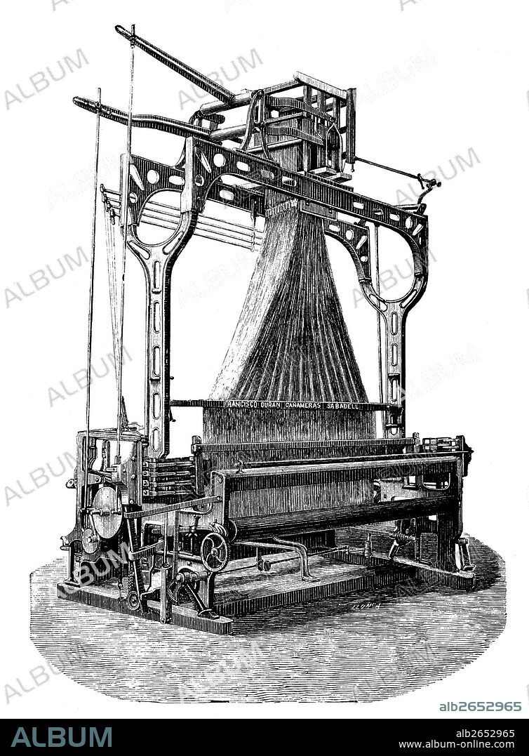 Catalunya. Industria téxtil, siglo XIX. Telar mecánico provisto de la máquina Jacquardt. Grabado de 1891.