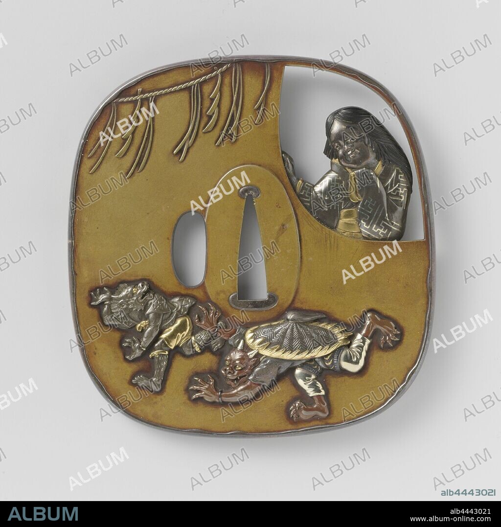 Hand guard, Rounded rectangular tsuba, encased in a silver rim, at the front in irroe-takazogan two oni fleeing while being watched by a lady-in-waiting from a window, signed 'seiryoken hagiya katsuhira'., Hagiya Katsuhira, Japan, 1825 - 1875, Edo-period (1600-1868) / Meiji-period (1868-1912), copper (metal), silver (metal), h 9 cm × w 8.7 cm.