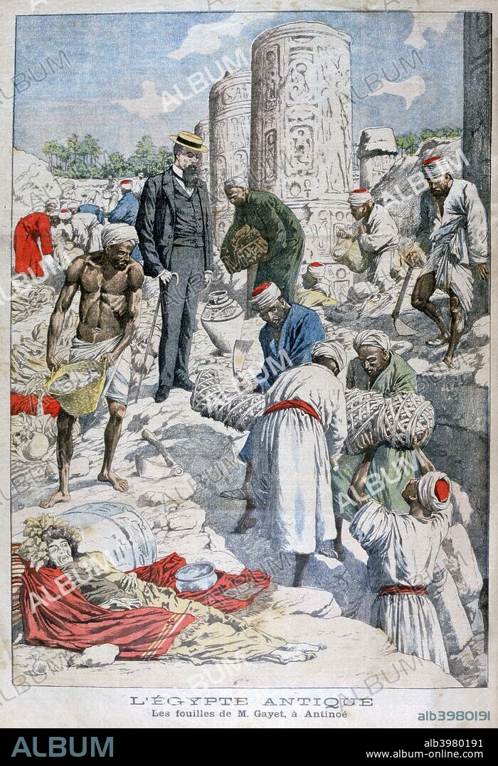 The excavations of Antinopolis, Egypt, by Albert Gayet, 1904. Antinopolis (Antinoe) was a city on the bank of the Nile founded by the Roman Emperor Hadrian near the site where his deified lover Antinous drowned in 130. It was built on the site of an earlier Ancient Egyptian settlement that included a great temple built by Rameses II. An illustration from Le Petit Journal, 10th January 1904.