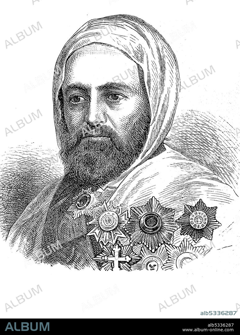 Haji Abd el-Kader, Abd el-Kadir, Abd al-Kadir, or ?Abd al-Qadir, actually Sidi el-Haddj Abd el-Kader Uled Mahiddin, September 6, 1808 - May 26, 1883, an Algerian freedom fighter and scholar, Algeria  /  Haddschi Abd el-Kader, Abd el-Kadir, Abd al-Kadir oder ?Abd al-Qadir, eigentlich Sidi el-Haddsch Abd el-Kader Uled Mahiddin, 6. September 1808 - 26. Mai 1883, ein algerischer Freiheitskämpfer und Gelehrter, Algerien, Historisch, historical, digital improved reproduction of an original from the 19th century / digitale Reproduktion einer Originalvorlage aus dem 19. Jahrhundert,.