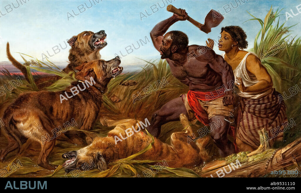 RICHARD ANSDELL. This oil painting depicts a fugitive enslaved man and woman beset by three mastiff dogs in a marshy landscape. On the right side of the painting are two human figures who face left across the painting to the dogs.The man stands in a half-crouch between the dogs and the woman, wielding a hatchet in his upraised right hand. Dangling from his clenched left wrist is a pair of manacles, with one cuff broken open. He wears a pair of faintly patterned brown trousers to mid-thigh, and has a red sash around his waist. His body has numerous scars and a round brand or tattoo on his left shoulder. The woman is half-crouched behind him knees bent, both arms raised to shoulder height, palms faced outward as she peers over the man's shoulder. She wears a sleeveless, loosely draped soiled white top, and a brown striped skirt tucked above her knees. Her hair is drawn back and she has small hoop earrings. The dogs are on the left side of the painting, with one of the dogs lying wounded between the two groups of figures. The scene takes place in an area of trampled tall grass with grey water in the background and a livid red horizon. In the bottom right corner there is a striped snake twining up a mossy dead log. Date: 1862. Unidentified Woman or Women. oil paint on canvas , wood.