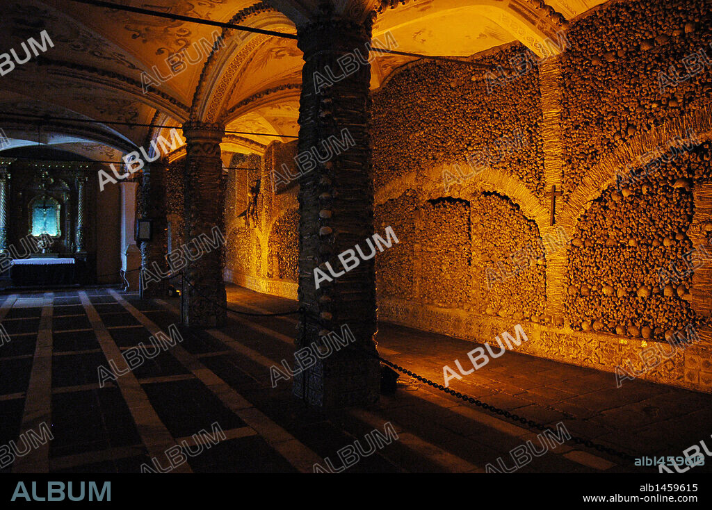 Portugal. Evora. Chapel of Bones. Chapel located next to the entrance of the Church of St. Francis. The interior walls are covered with human skulls and bones.16th century.