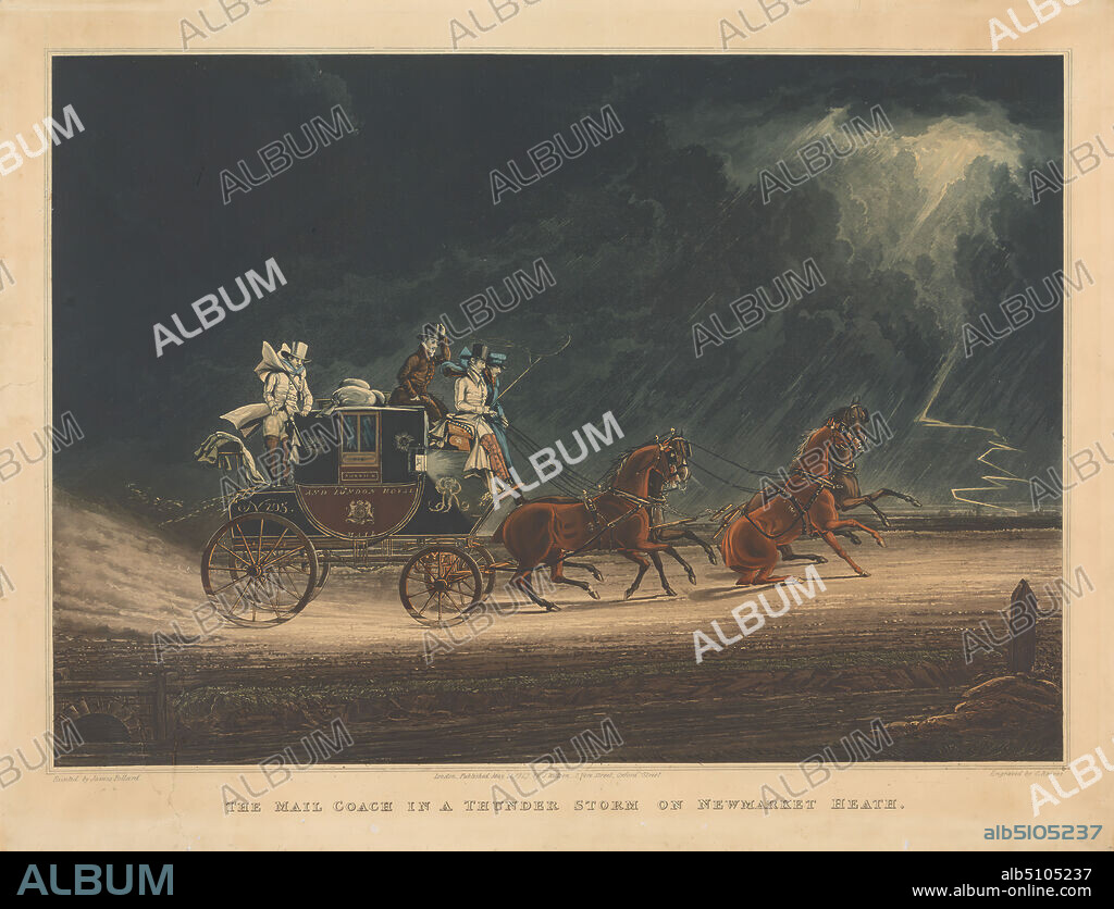 Coaching: The Mail Coach in a Thunder on Newmarket Heath, Richard Gilson Reeve, 18031889, after James Pollard, 17921867, British, 1827, Aquatint, hand-colored, Sheet: 11 3/16 x 15 15/16in. (28.4 x 40.5cm).