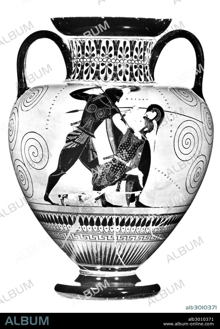 ACHILLES & PENTHESILEA.Attic black-figured amphora, 540-330 B.C. Height: 16.5 inches.