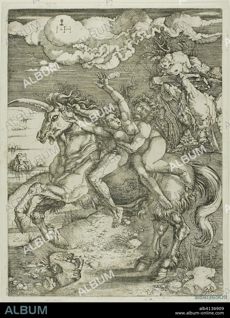 Abduction of Proserpine on a Unicorn. Hieronymous Hopfer (German active 1520-1550); after Albrecht Dürer (German 1471-1528). Date: 1520-1550. Dimensions: 288 x 215 mm (image/plate); 298 x 228 mm (sheet). Etching on white laid paper. Origin: Germany.