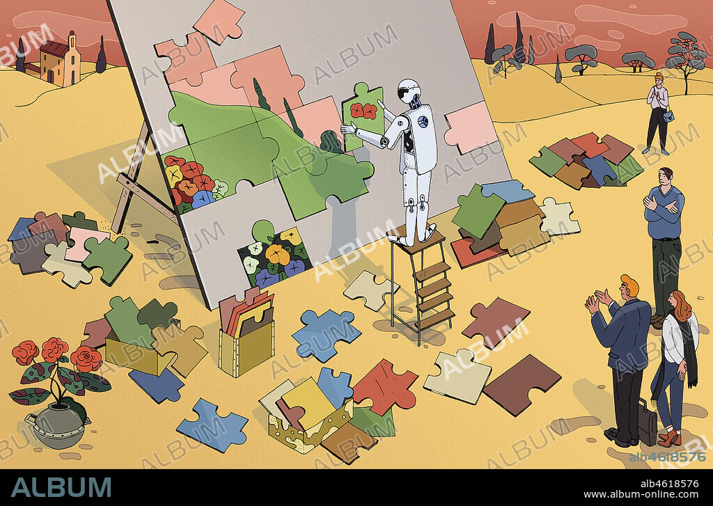 People admiring robot solving jigsaw puzzle.