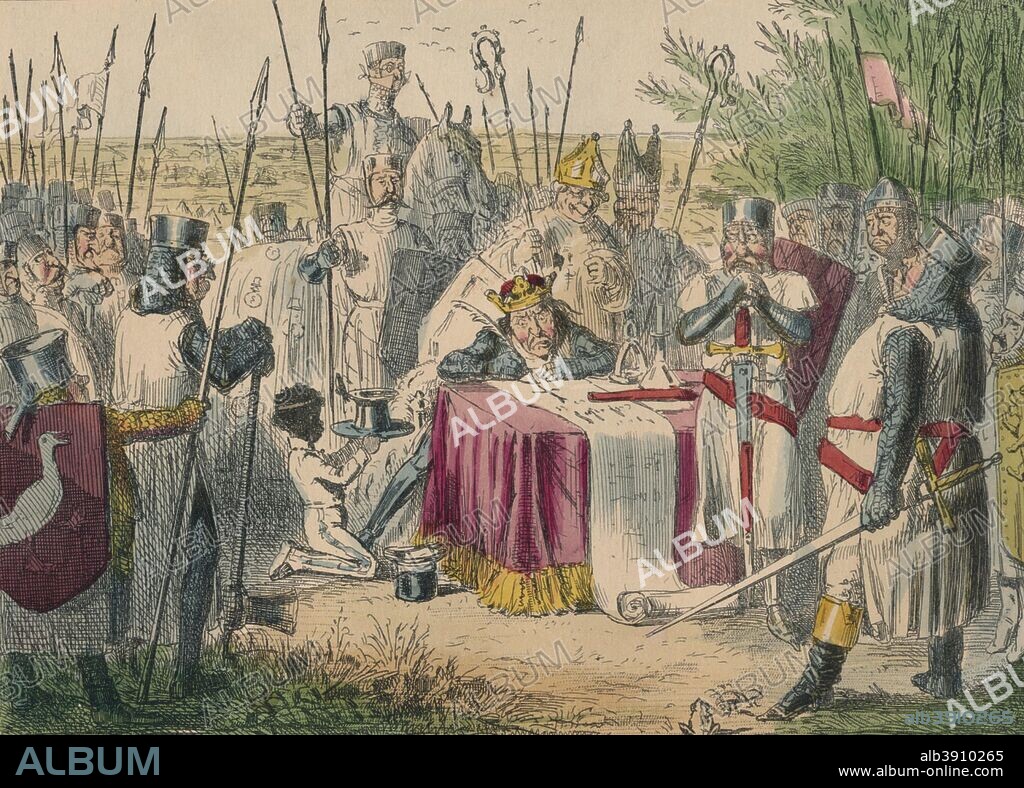 King John Signing Magna Charta, 1850. A satirical illustration of King John sighing the Magna Carta. King John signed the Magna Carta at Runnymede, Surrey, 15 June 1215. John (c1167-1216) became King of England in 1199. The Angevin kings of England, Henry II, Richard I and John arbitrarily abused feudal rights. The nobility forced King John to sign the Magna Carta, guaranteeing their restoration. From The Comic History of England by Gilbert Abbott A. Beckett, illustrated by John Leech [Bradbury, Agnew & Co., London, 1850.].