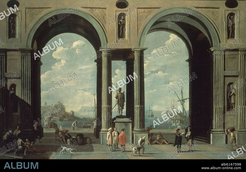VICENTE GINER. Perspectiva con puerto-Neoclasicismo español. Hacia 1680, oleo sobre tela. Lienzo de 1,19 x 1,82 m.