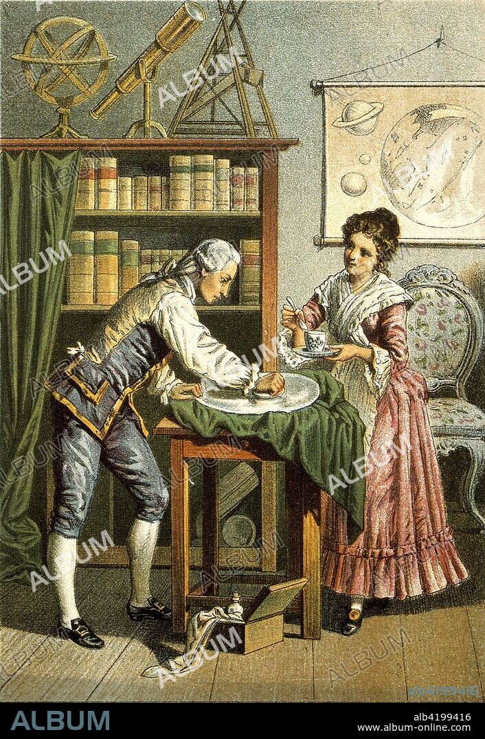 William and Caroline Herschel, pub. 1896 (colour lithograph). Caroline Lucretia Herschel (1750 - 1848), first woman to discover a Comet and assisted her brother,  John Frederick William Herschel (1792 ? 1871) in the discovery of Uranus.