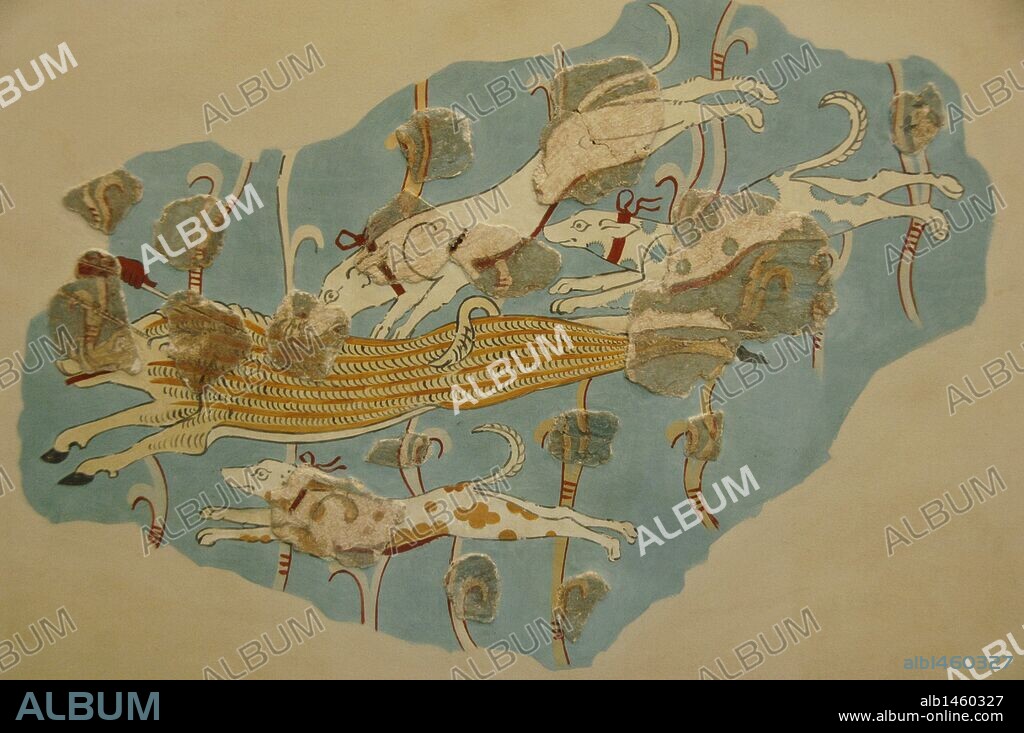 ARTE MICENICO. GRECIA. Fragmento de un fresco con la representación de una ESCENA DE CAZA DEL JABALI, fechado entre los siglos XIV-XIII a. C. Procede del segundo palacio de Tirinto (región del Peloponeso). Museo Arqueológico Nacional. Atenas. Grecia.