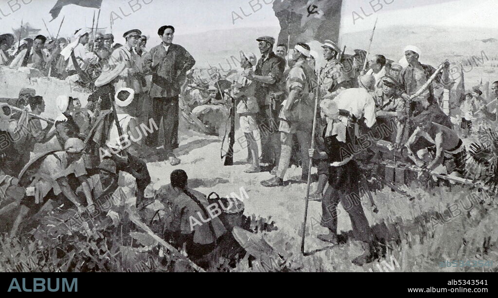 Mao Zedong with Red army soldiers on the Long March, 1935.  The Long March was a military retreat undertaken by the Red Army of the Communist Party of China, the forerunner of the People's Liberation Army, to evade the pursuit of the Kuomintang arm.