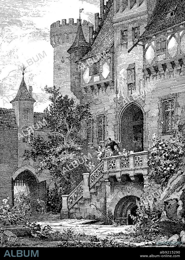 Drawing of the castle courtyard in Rothenburg ob der Tauber, Bavaria, Germany, historical image or illustration, published 1890, digitally improved, Drawing of the castle courtyard in Rothenburg ob der Tauber, Bavaria, Germany, historical image or illustration, published 1890, digitally improved