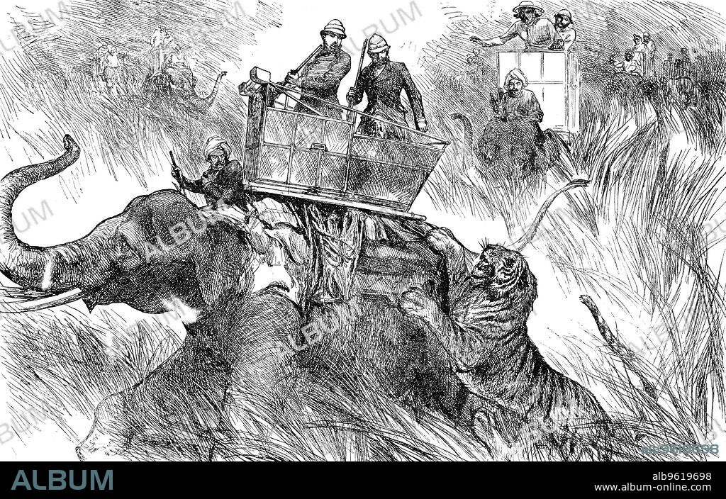 Edward, Prince of Wales, hunting tiger during his state visit to India in 1876. Edward (1841-1910), the eldest son of Queen Victoria and Prince Albert, became King Edward VII of Great Britain in 1901.