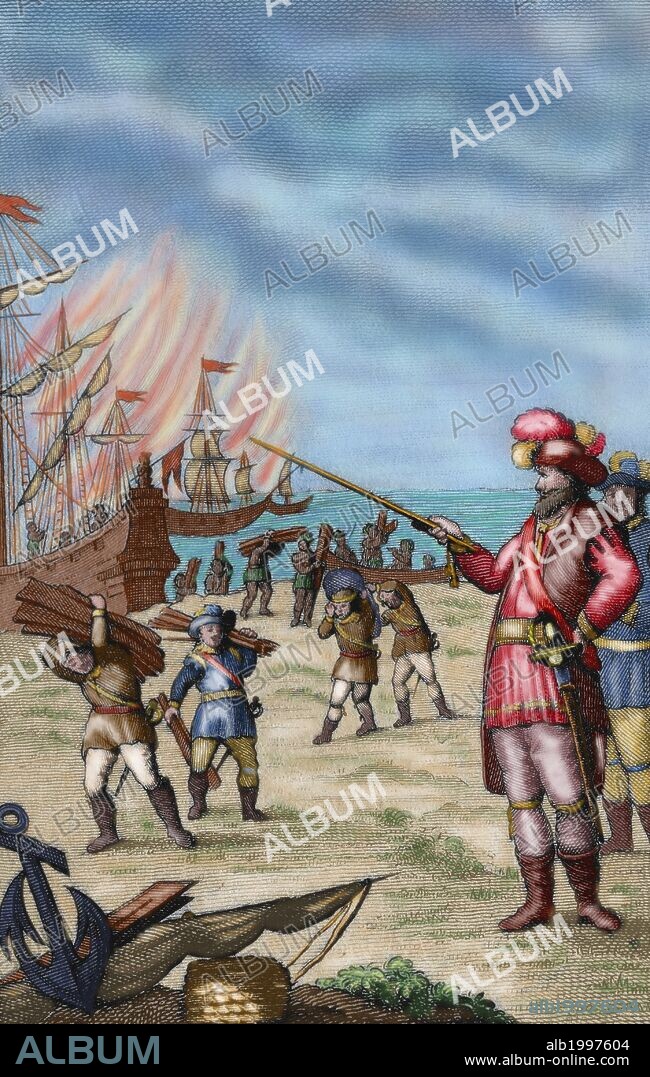 CORTES, Hernán (Medellín, 1488-Castilleja de la Cuesta, 1547). Conquistador español de México. Para evitar deserciones entre sus propios acompañantes, Cortés tomó la decisión de hundir sus naves que estaban fondeadas en la ciudad de Villa Rica de Veracruz. "DESTRUYE CORTES SU ARMADA". Tomo I. Grabado del 1825 de J. Carrafa. Coloreado.