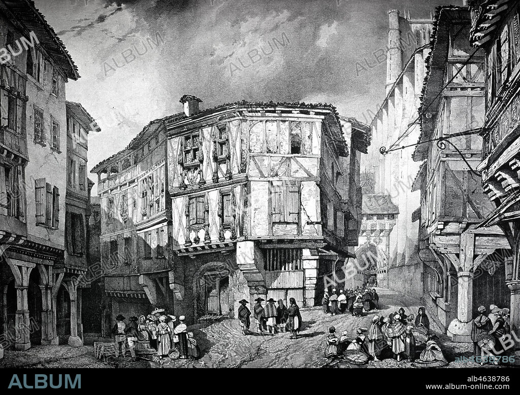 Place a ALBI. Lithographie tiree de l'ouvrage de TAYLOR et NODIER 'Voyages pittoresques et romantiques dans l'ancienne France', publie vers 1830. Villes et villages du Languedoc au 19eme siecle. Credit : Collection JEAN VIGNE / Kharbine-Tapabor.