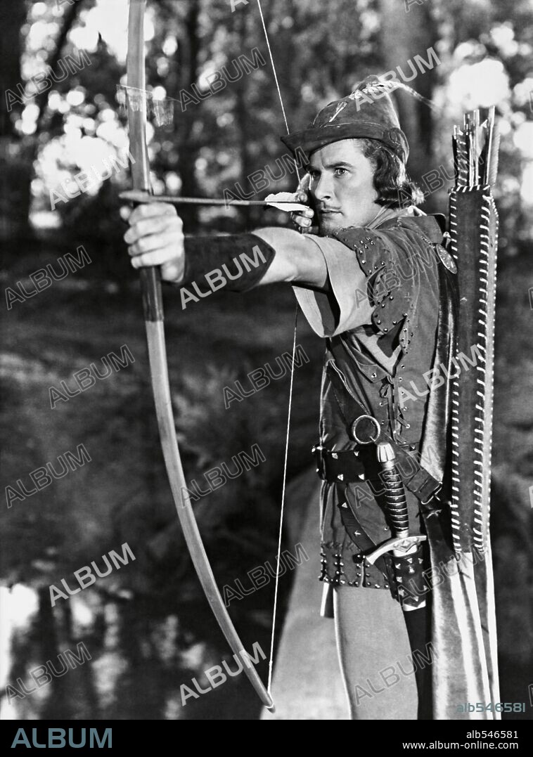 ERROL FLYNN in THE ADVENTURES OF ROBIN HOOD, 1938, directed by MICHAEL CURTIZ and WILLIAM KEIGHLEY. Copyright WARNER BROTHERS.