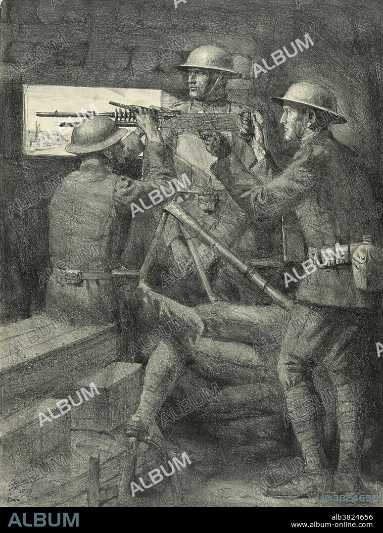Entitled: A machine gun emplacement in the old Verdun trenches. Sketch of soldiers aiming a machine gun through a bunker window in World War I. Verdun was the site of a major battle of the First World War. One of the costliest battles of the war, Verdun exemplified the policy of a "war of attrition" pursued by both sides, which led to an enormous loss of life. Germany, hoping to wear France down and inflict large numbers of casualties, assaulted the fortified town of Verdun, which blocked the German forces' path to Paris. The battle lasted 11 months and ended without a clear victor, despite the deaths of more than 650,000 soldiers.