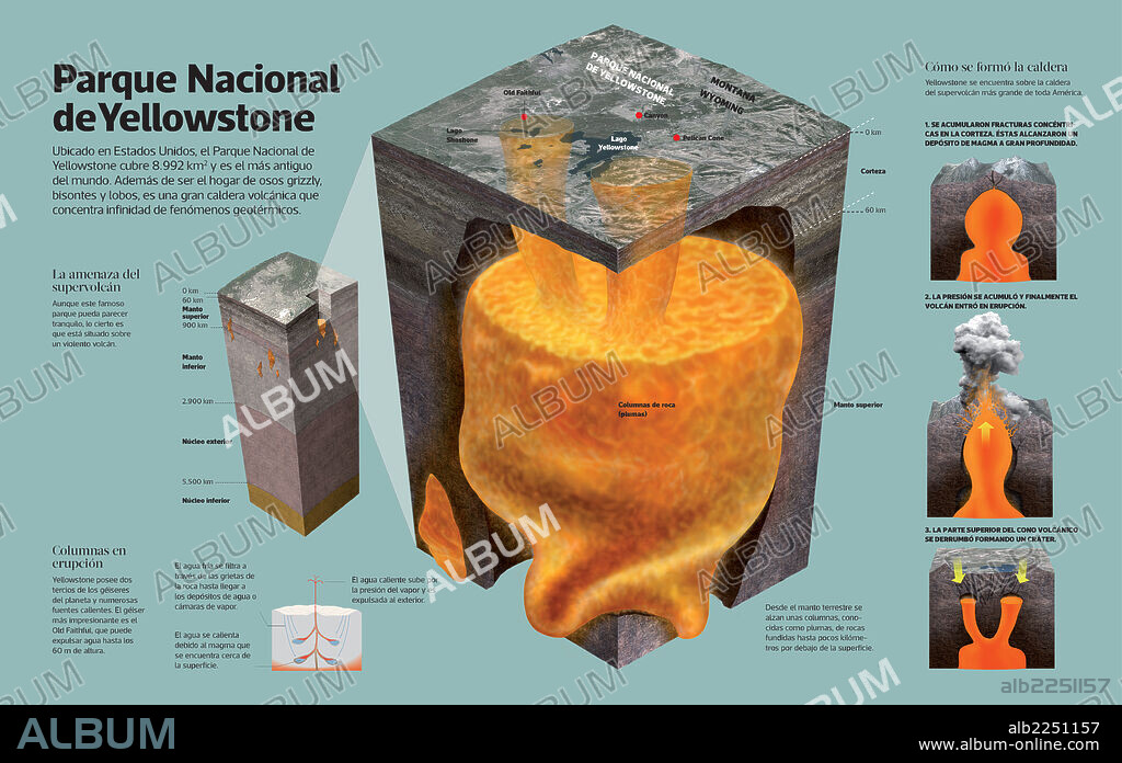 YELLOWSTONE NATIONAL PARK. Infographic of the Yellowstone National Park (United States), mainly known for its wildlife, but also it concentrates many geothermal features.