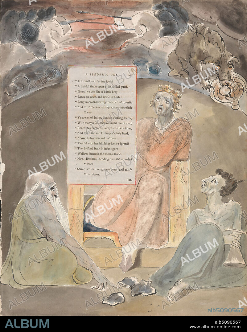 The Poems of Thomas Gray, Design 61, 'The Bard.', William Blake, 17571827, British, between 1797 and 1798, Watercolor with pen and black ink and graphite on moderately thick, slightly textured, cream wove paper with inlaid letterpress page, Sheet: 16 1/2 x 12 3/4 inches (41.9 x 32.4 cm), angels, armor, crown (costume component), dog (animal), eating, feather, fire, flame, helmets, horses (animals), jousting, king (person), knight (landholder), knights, literary theme, men, prince, religious and mythological subject, sitting, smoke, stones, text, throne, wolf, women.