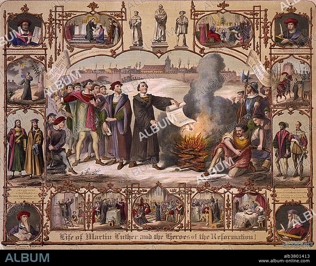 Lithograph entitled: Life of Martin Luther and heroes of the reformation. Shows Luther burning papal bull of excommunication, with vignettes from Luther's life and portraits of Jan Hus, Girolamo Savonarola, John Wycliffe, Caspar Creuziger, Phillip Melanchton, and Johannes Bugenhagen. Martin Luther was a German priest, professor of theology and a major figure of the Protestant Reformation. His refusal to retract all of his writings at the demand of Pope Leo X and the Holy Roman Emperor Charles V at the Diet of Worms resulted in his excommunication by the pope. Jan Hus was a Czech priest, philosopher and the first actual Church reformer. Girolamo Savonarola was an Italian Dominican friar who preached against the moral corruption of the clergy. John Wycliffe was an English Scholastic philosopher, theologian, reformer and early dissident in the Catholic Church. Caspar Creuziger was a German humanist who worked with Martin Luther to revise Luther's German Bible translation. Philipp Melanchthon was a German reformer, and collaborator with Martin Luther. Johannes Bugenhagen was a German priest and theologian who introduced the Protestant Reformation in the Duchy of Pomerania and Denmark.