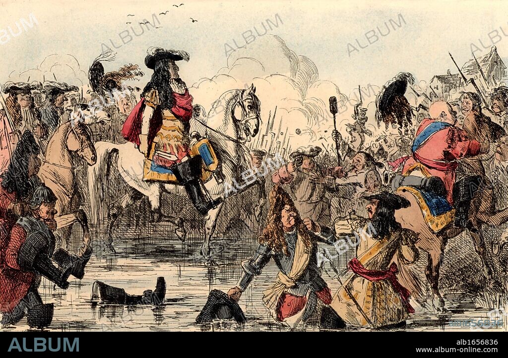 William III (1650-1702) King of Great Britain from 1689. The Protestant William at the Battle of the Boyne, Ireland (1690) where he defeated supporters of the deposed Roman Catholic James II. Illustration by John Leech (1817-1874) Hand-coloured wood engraving (Photo by: Universal History Archive/UIG via Getty Images).
