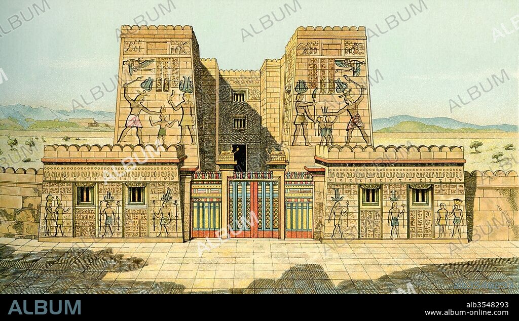 Imaginary reconstruction of an Egyptian palace in Pharaonic times. From Enciclopedia Ilustrada Segui, published c. 1900.