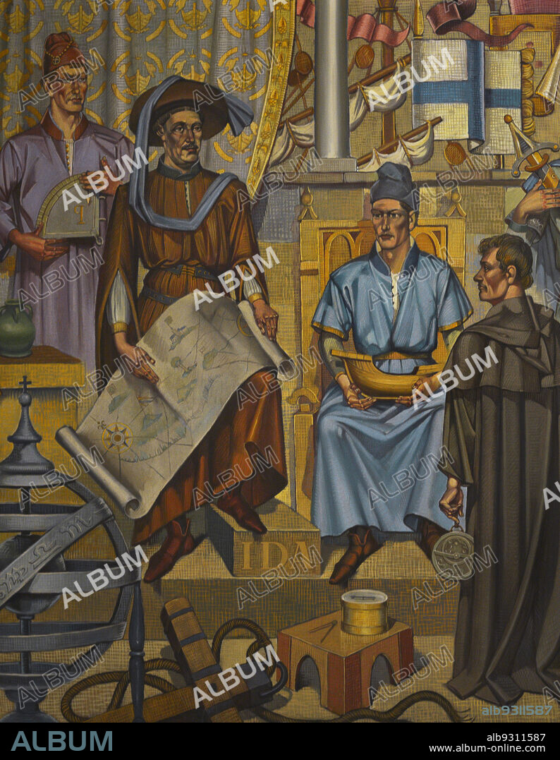 SEVERO PORTELA JUNIOR (1898-1985). PORTUGUESE PAINTER.. History of Portugal. "Allegory of the School of Sagres". The myth of the "School of Sagres" was generated decades after the death of the Infante Henry (1394-1460). Although it never really existed, it should be interpreted as a group of individuals assembled for the sole goal of maritime exploration. Holding a maritime map in his hands, Henry the Navigator. Painting by the Portuguese artist Severo Portela Júnior (1898-1985), 1970. Detail. Maritime Museum. Lisbon, Portugal.
