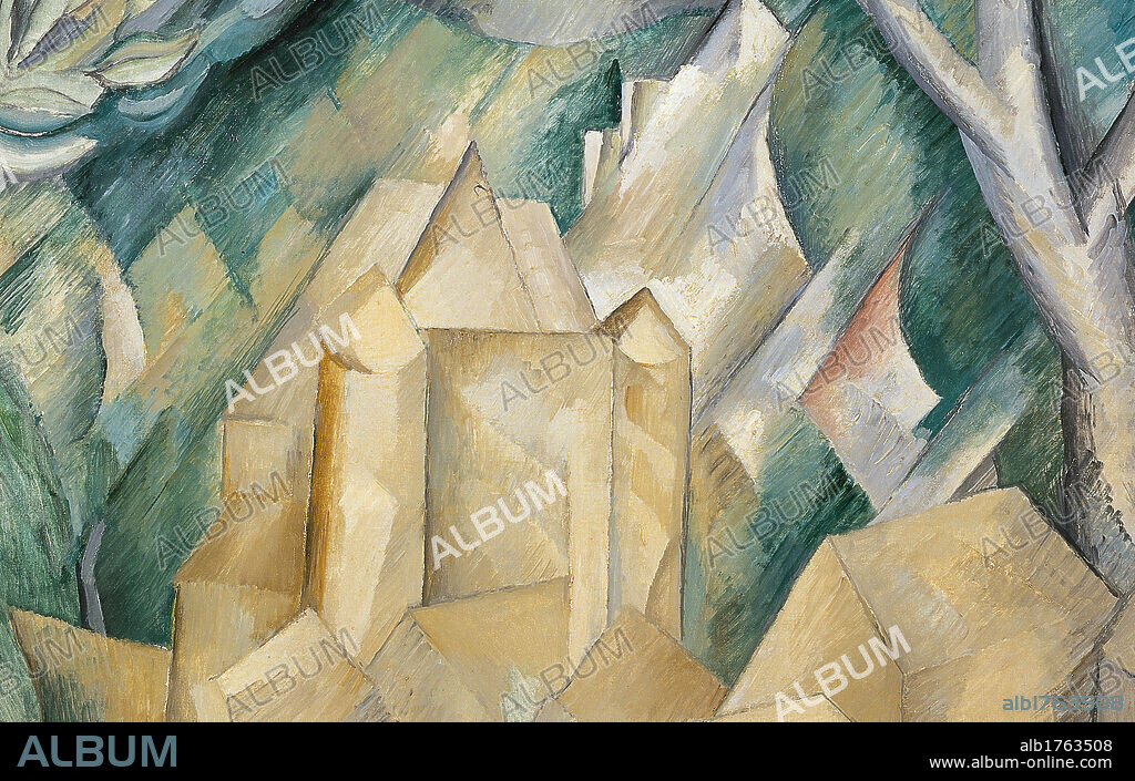 The castle La Roche Guyon, by Georges Braque, 1909, 20th Century, oil on canvas, cm 92 x 73. Russia, Moscow, Pushkin Museum. Detail. Town castle trees houses castles yellow green grey.  Please remember that author's rights have to be cleared for modern and contemporary works of arts.